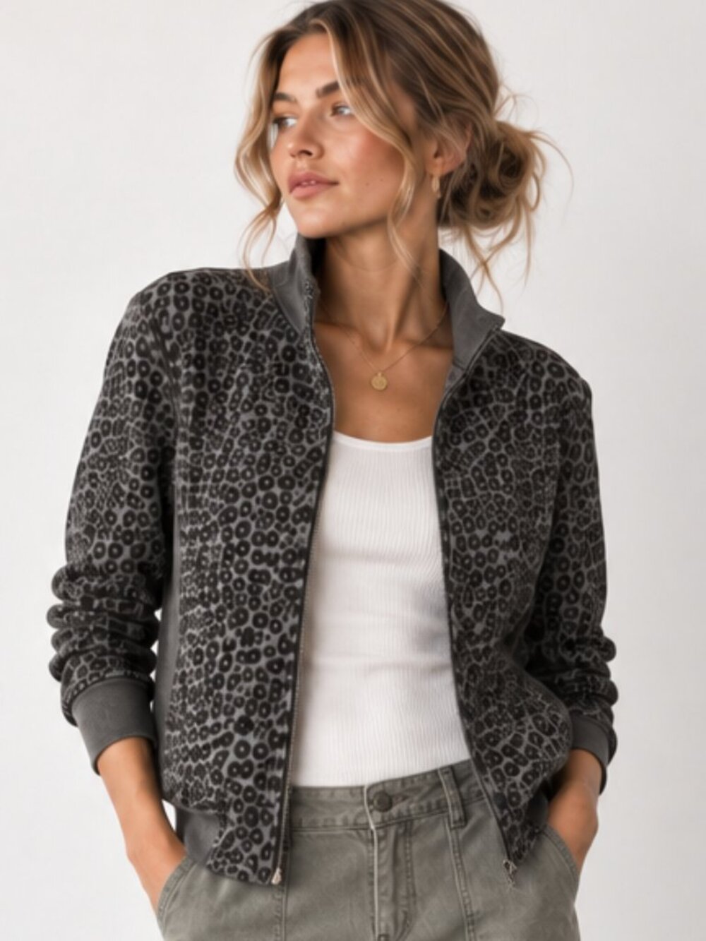 ANTHROPOLOGIE Marrakech Bernadetta Gray Leopard Print Moto Track Jacket S EUC